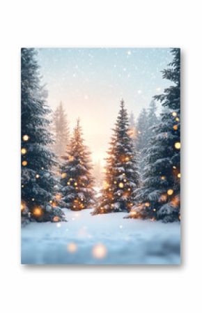 Serene winter landscape with snow-covered trees and soft bokeh lights, capturing the essence of a peaceful snowy day.