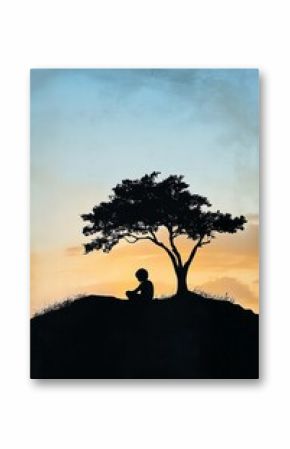 Silhouette of a child sitting alone under a tree