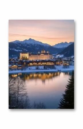 Luxury Alpine Resort on a Tranquil Lake Glows During Magical Winter Sunset, Switzerland