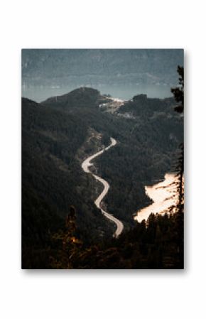 Vancouver BC, Canada landscape looking from Sea to Sky. Winding roads and mountain ranges.