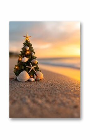 Coastal Christmas tree decorated with seashells at sunset