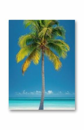 A palm tree stands tall in front of a blue ocean. The sky is clear and the sun is shining brightly. The scene is peaceful and serene, with the palm tree providing a sense of calm and relaxation