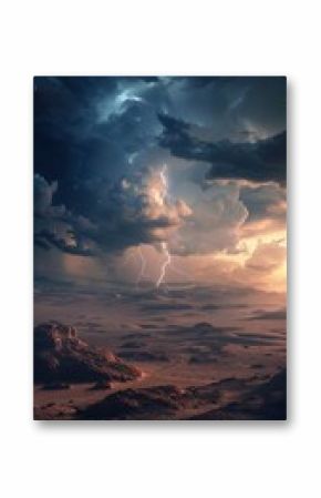 Stormy sky with lightning over a desert, 4K hyperrealistic photo