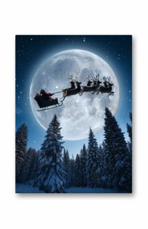 A silhouette of reindeer flying with Santa Claus in a sleigh against a full moon and starry sky over a forest of pine trees