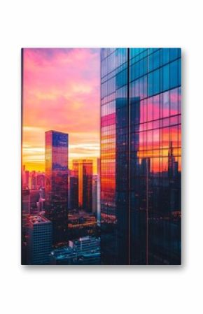 Breathtaking Cityscape Reflecting Vibrant Sunset Hues in Glass Skyscrapers