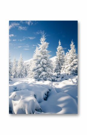 Vivid and fantastic snowy conifers covered with hoarfrost on a frosty day.