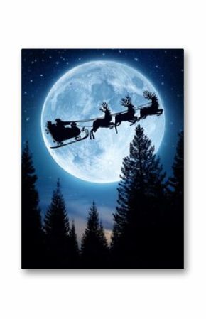 A silhouette of reindeer flying with Santa Claus in a sleigh against a full moon and starry sky over a forest of pine trees 