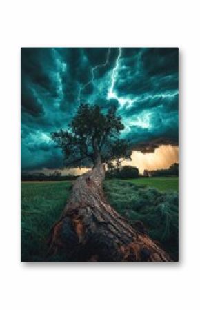 Stormy skies illuminate a lonely tree in a vibrant landscape