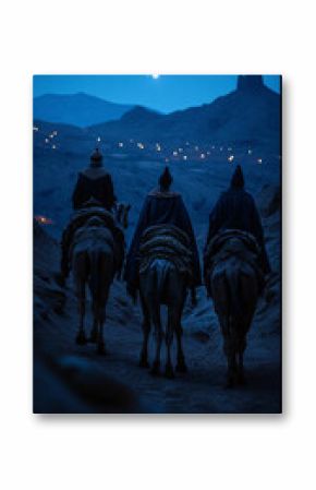 Christmas Jesus birth concept - Adoration of the Magi, Three Wise Men, Three Kings, and the Three biblical Magi with camel silhouettes journeying in sand dunes of desert follow Bethlehem star at night