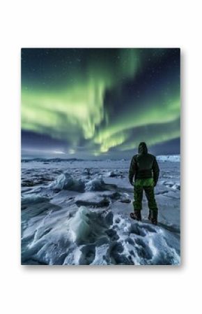 The polar aurora bathes the night sky in enchanting hues, creating a mesmerizing display of swirling lights over a frozen landscape.