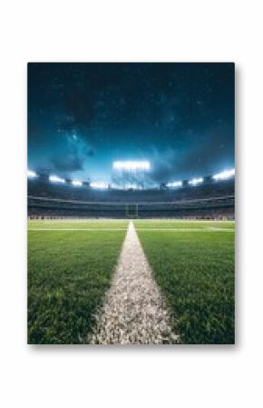 Football stadium under night sky with bright lights and clear field lines