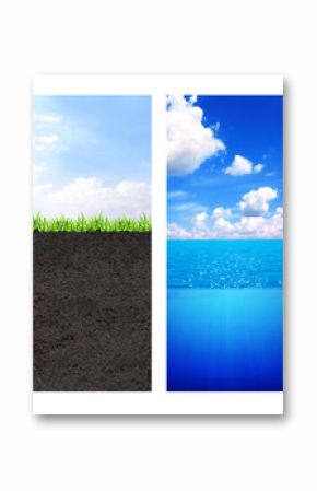 Vertical nature banners with water surface split by waterline and cross section of grass and soil against blue sky background. Environmental and conservation protection background. Copy space for text