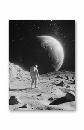 Ast astronaut exploring a barren lunar landscape with a distant planet in the background, black and white cosmic imagery of space exploration.