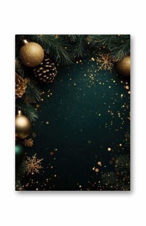 Beautiful dark Christmas background with green and golden, shining decoration and empty space. Copy space for your text. Merry Xmas, Happy New Year. Festive backdrop.