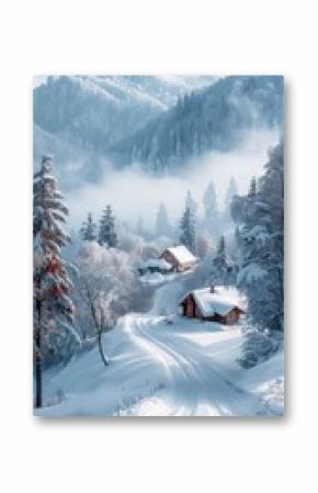 Winter season. Panorama of the foggy winter landscape in the mountains, Christmas holiday postcard collage.