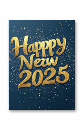 Celebrating the arrival of 2025 with a sparkling blue background and golden lettering wishing a happy new year. Happy New Year 2025 banner.