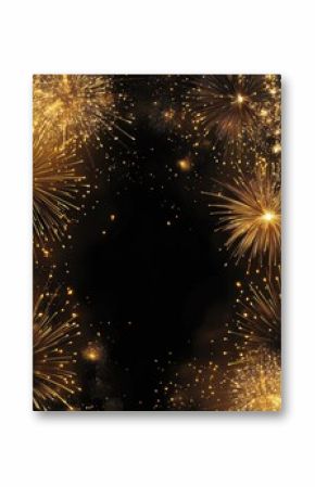 Gold fireworks on black background with copyspace, border, frame