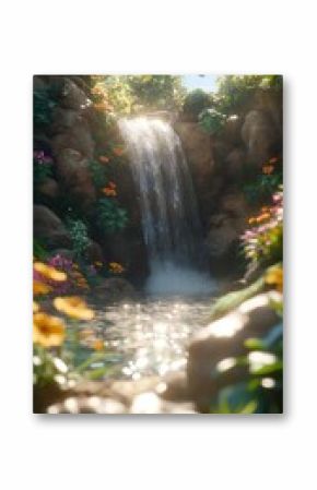 A serene canyon with a gentle waterfall surrounded by vibrant flowers and lush greenery during a sunny day