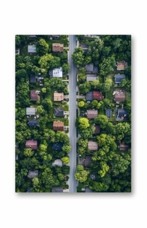 Topdown view of a peaceful residential neighborhood surrounded by lush greenery and mature trees : Generative AI