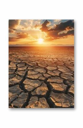 Arid landscape with cracks in the soil and sunset on the horizon. Ideal for illustrations related to climate change, drought and environmental issues, as well as for educational materials  