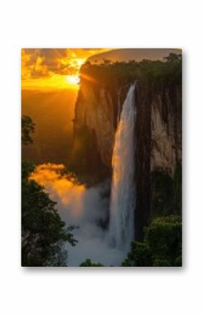 Majestic Angel Falls at Sunset in Verdant Venezuela's Canaima National Park with Lush Greenery and Dramatic Sky - Stunning Natural Wonder and Landscape Photography