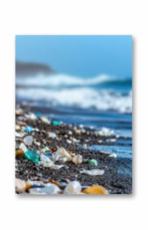 Plastic pollution on ocean shoreline with waves in background