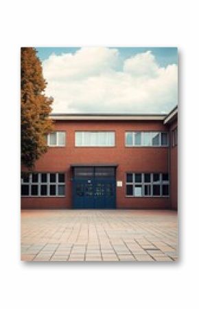 School building with blue door and brick facade on sunny day