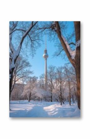 Snow Covered Trees and Pathway Leading to the Telecommunications Tower in Winter, Berlin, Germany