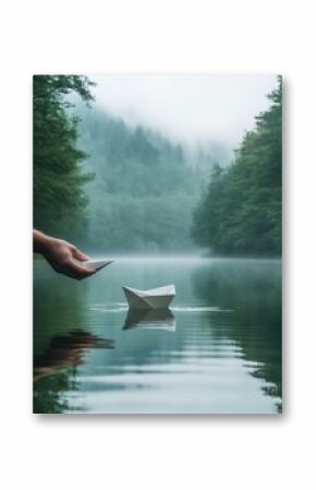 Serene Morning Reflection with Paper Boat on Misty Lake