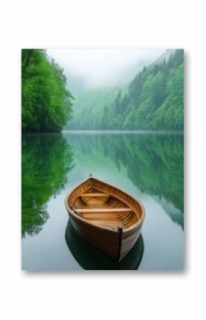 Misty lake with a wooden boat reflecting on calm waters at dawn