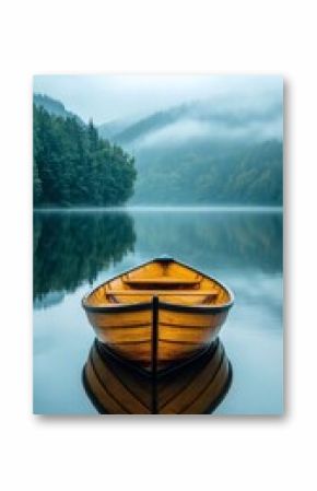 Misty lake with a wooden boat reflecting on calm waters at dawn