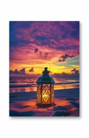 Ramadan Background: A Colorful Ramadan Celebration This beautiful image depicts a lantern on the sand at sunset in a graveyard beach in Sri Lanka, with a text area in the center of the picture.