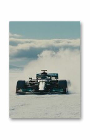 A race car speeds across a snowy landscape, kicking up a plume of snow. The image is cinematic and high-definition, capturing the thrill of high-speed racing in winter.