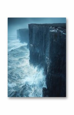 Dramatic cliffs overlooking tumultuous ocean waves during a foggy evening at a coastal location