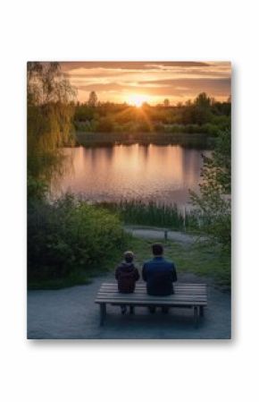 A tranquil scene of a father and son enjoying a quiet moment together on a bench by the edge of a calm pond at sunset.