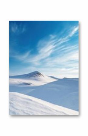 A mountain range covered in snow with a clear blue sky in the background. The sky is filled with clouds, giving the scene a serene and peaceful atmosphere