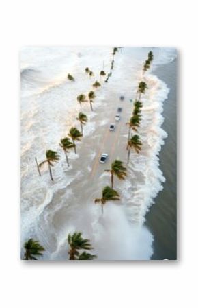 Cars drive down a flooded road lined with palm trees during a powerful storm. Dramatic coastal scene.