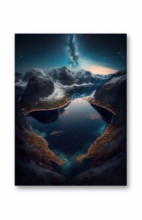 Breathtaking fjord landscape at night. Aerial view. Mountains and sea.