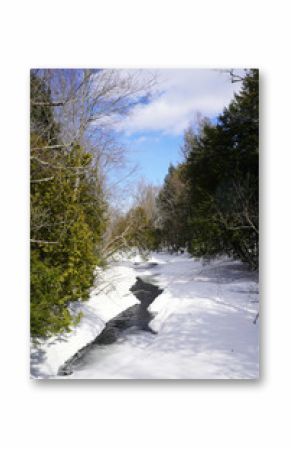A stream winding through a snow-covered forest, highlighting the transition from winter to early spring.  Coniferous trees and bare branches frame the narrow waterway under a partly cloudy sky.