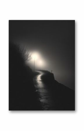 Foggy night scene, winding road with lamppost.