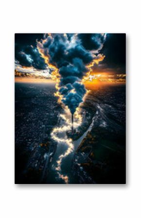 Aerial View of Industrial Smokestack at Sunset Over City and River