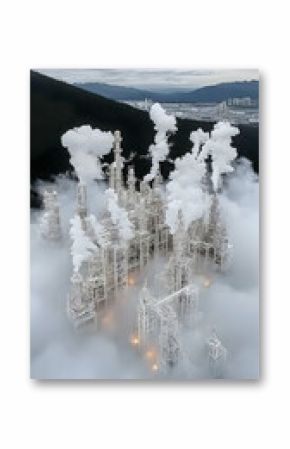 Aerial View of Industrial Plant Amidst Foggy Mountains
