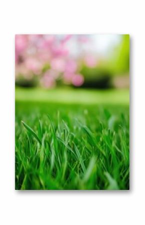 Lush green grass foreground with vibrant pink blossoms in the background, symbolizing spring renewal, natures beauty, outdoor tranquility, Earth Day vibes.