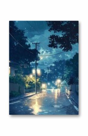 Rainy suburban street scene with houses and streetlights at night