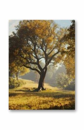 Serene autumnal landscape featuring a majestic tree bathed in golden sunlight. A peaceful scene perfect for nature lovers and autumn enthusiasts.