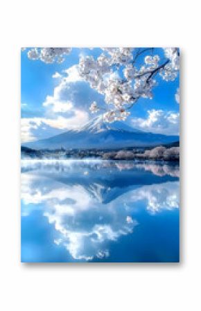 Mount Fuji Reflection with Cherry Blossoms in Spring