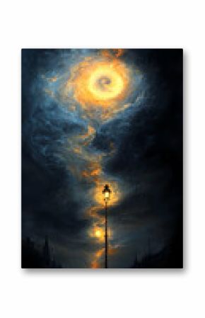 Night City Street with Glowing Lamppost Under a Cosmic Sky
