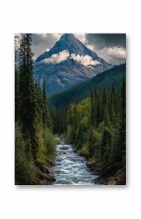 Majestic Mountain Peak Towers Over Rushing River in Lush Forest Landscape During Cloudy Afternoon