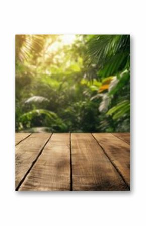 Natural Forest Background With Wooden Table and Lush Green Foliage in Soft Morning Light