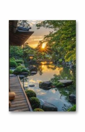 sunrise over a traditional Japanese garden, with koi ponds and wooden bridges